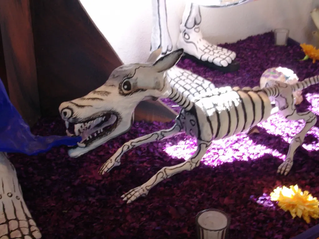 A skeleton-style dog figure on a Day of the Dead altar at the Dolores Olmedo Museum in Xochimilco, Mexico City
