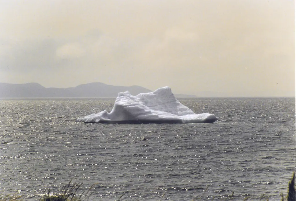 A large white iceberg stranded in the sea off Twillingate, Newfoundland, under a pale sky