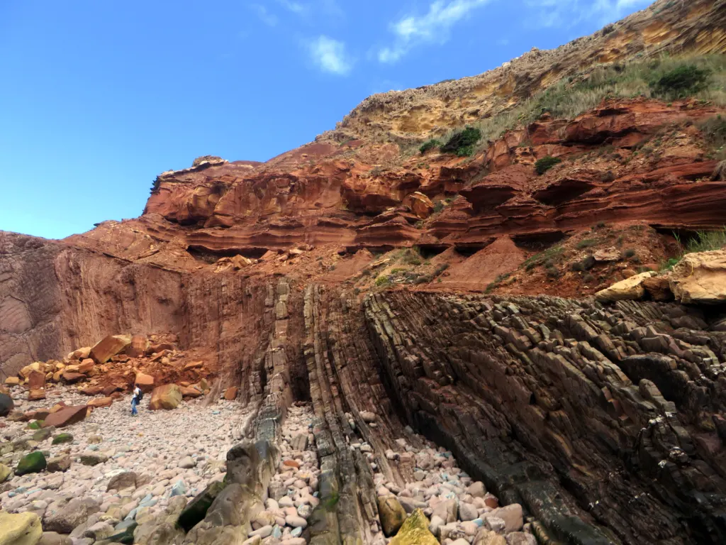 Late Triassic red and yellow sandstone layers lying flat on top of tilted dark Carboniferous shales at Praia do Telheiro, near Sagres in the Algarve, Portugal