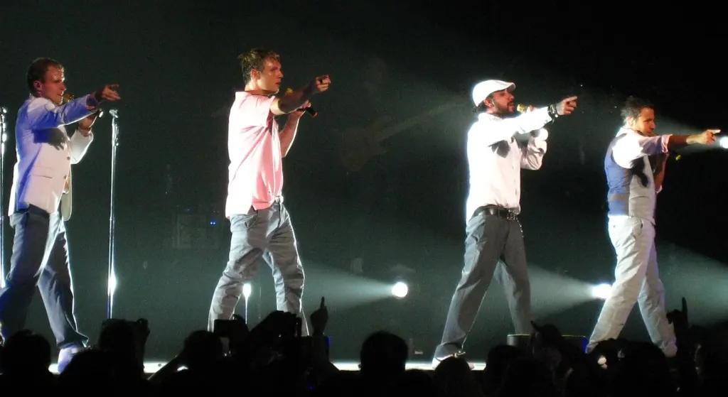 Brian Littrell, Nick Carter, AJ McLean and Howie Dorough of the Backstreet Boys performing on stage at the Bell Centre in Montreal in August 2008