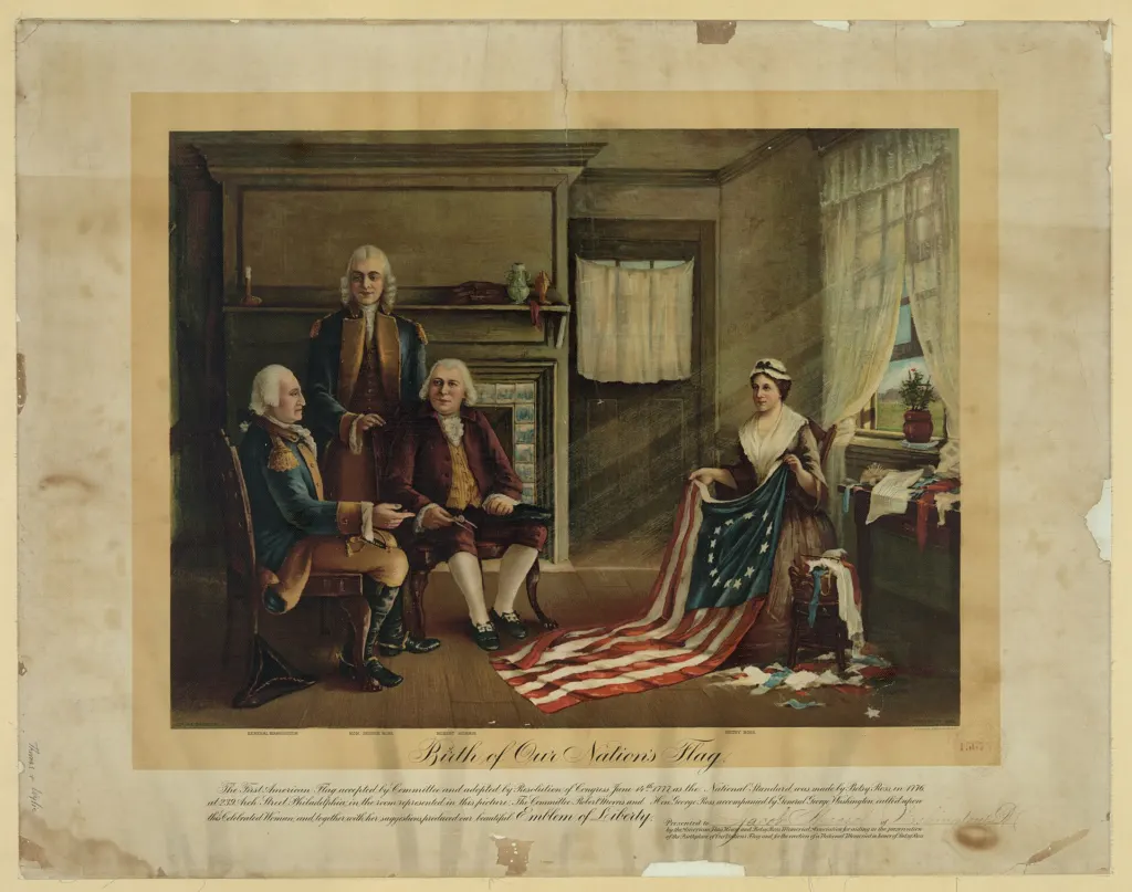 Charles H. Weisgerber's 1893 chromolithograph Birth of Our Nation's Flag, showing Betsy Ross displaying a stars-and-stripes flag to George Washington and two other men