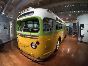 Montgomery City Lines bus number 2857, on which Rosa Parks was arrested in 1955, on display at the Henry Ford Museum in Dearborn, Michigan