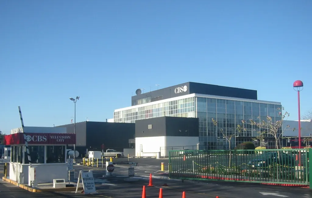 The modernist CBS Television City studio complex on Beverly Boulevard at Fairfax Avenue in Los Angeles