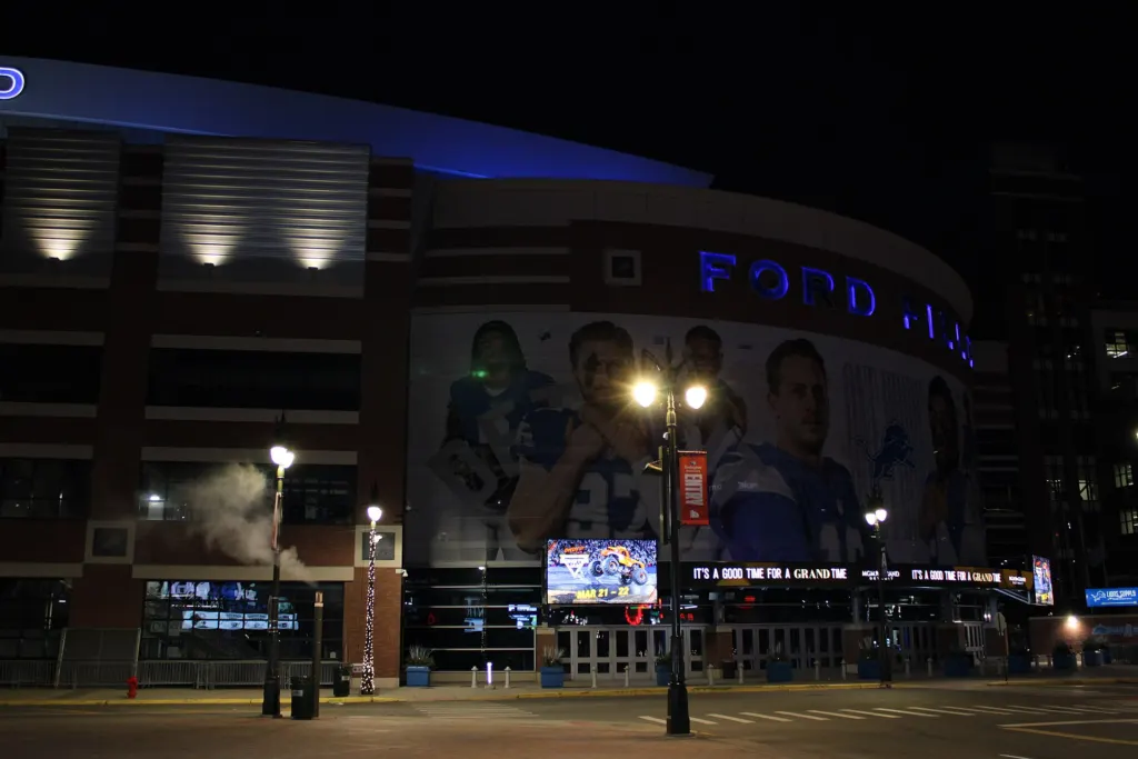 Exterior of Ford Field, the Detroit Lions' stadium in downtown Detroit, photographed in December 2025