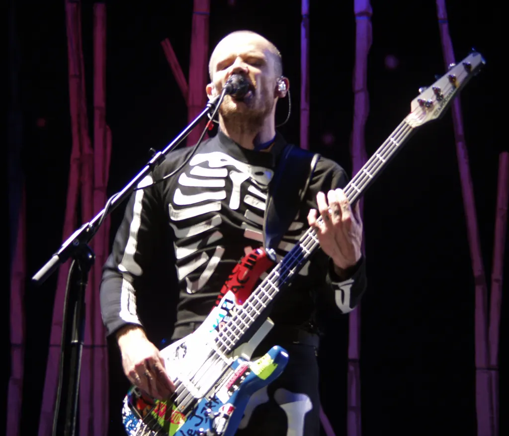 Flea, wearing a skeleton-print T-shirt, performing on stage at the V Festival in the UK in 2003