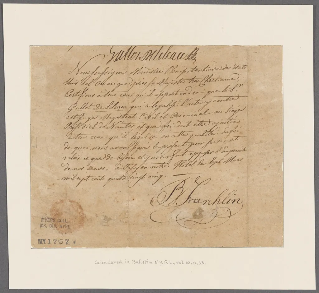 Archival New York Public Library print catalogued as Franklin, Benjamin, Passy, the Paris suburb where Franklin lived in 1784