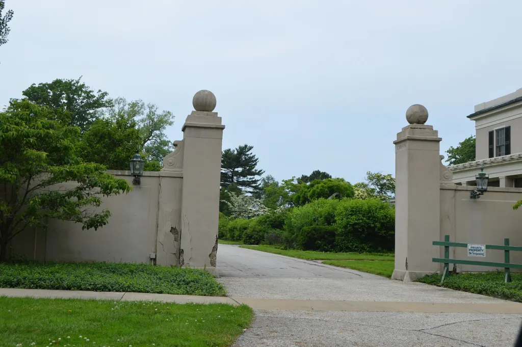 Stone gateway to the historic Gwinn Estate on Lakeshore Boulevard in Bratenahl, Ohio