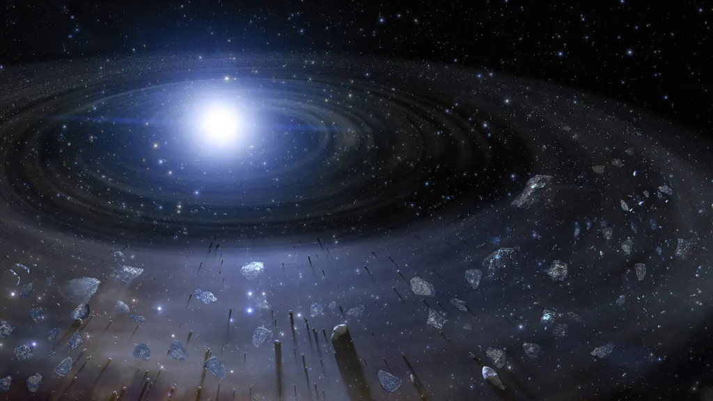 Artist's illustration of a small bright white dwarf star with a spiral of broken rocky debris from a former planet falling in toward it