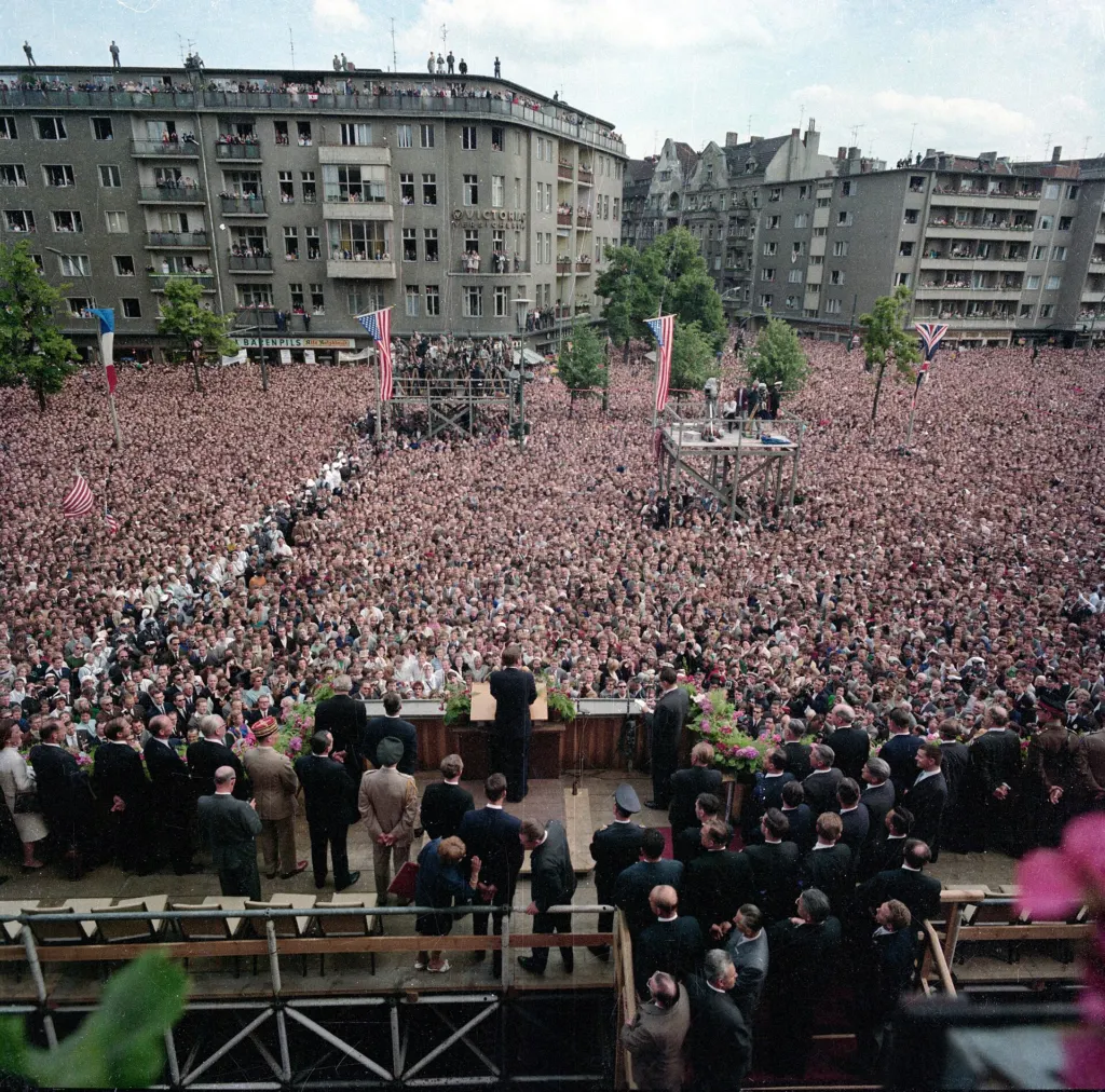 President John F. Kennedy addresses the crowd at Rudolph Wilde Platz, West Berlin, on June 26, 1963