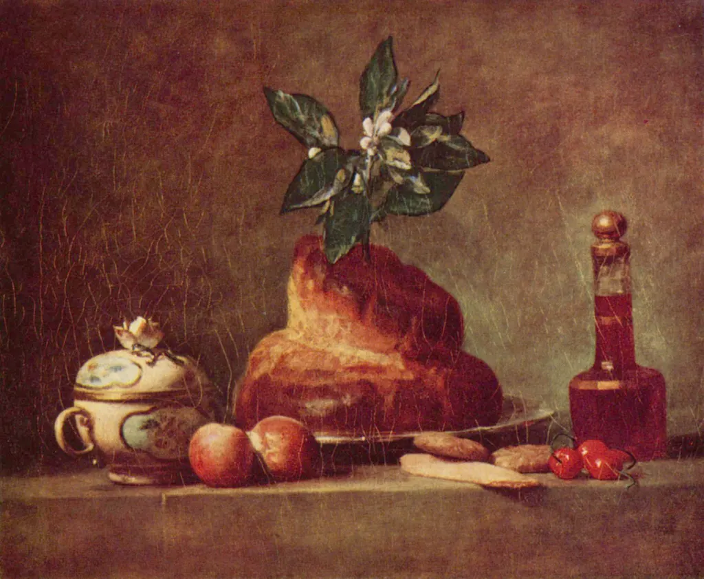 Chardin's 1763 still life of a tall golden brioche topped with a sprig of orange blossom, beside a porcelain sugar pot, two peaches, biscuits, cherries and a decanter of red liqueur on a stone ledge
