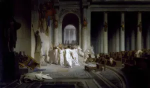 Jean-Léon Gérôme's painting The Death of Caesar, showing the immediate aftermath of the assassination in the Roman Senate hall