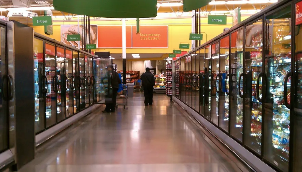 A long supermarket aisle lined with glass-door freezer cases