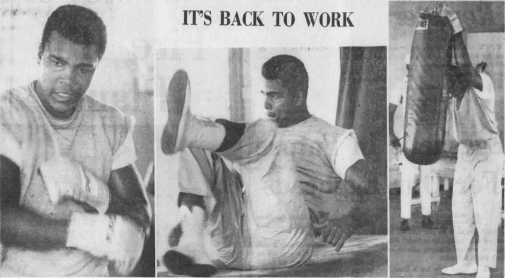 Black-and-white photograph of Muhammad Ali training in August 1964, months after winning the heavyweight title