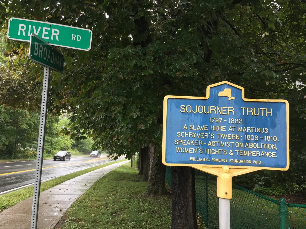 New York State historical roadside marker in Ulster County, New York, for the place where Sojourner Truth was enslaved