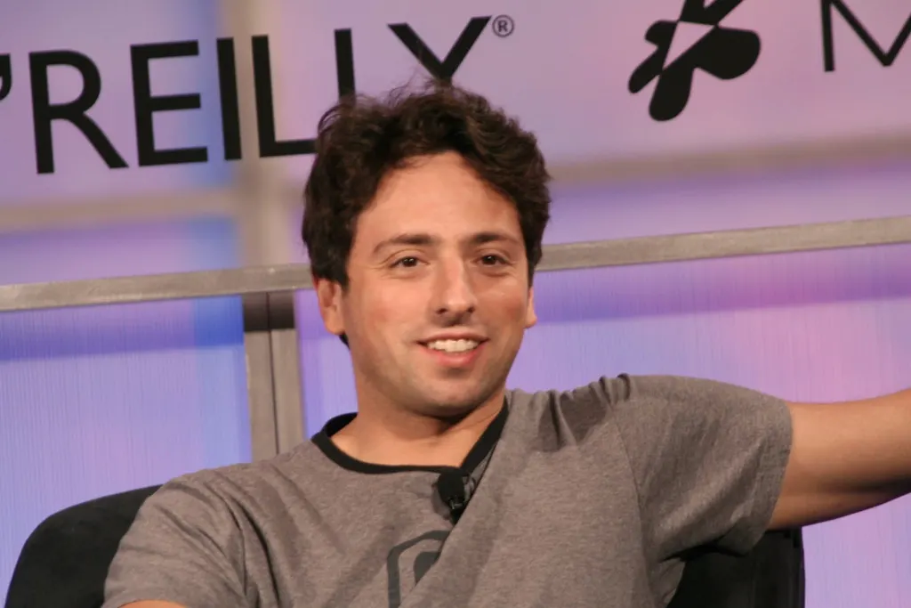 Google cofounder Sergey Brin speaking on stage at the Web 2.0 conference in October 2005