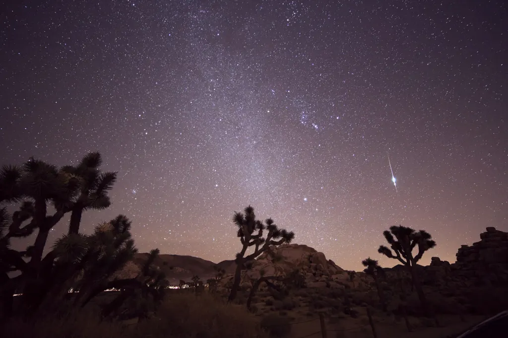 A Taurid meteor streaks across a starry night sky above the desert at Joshua Tree, California, in November 2015