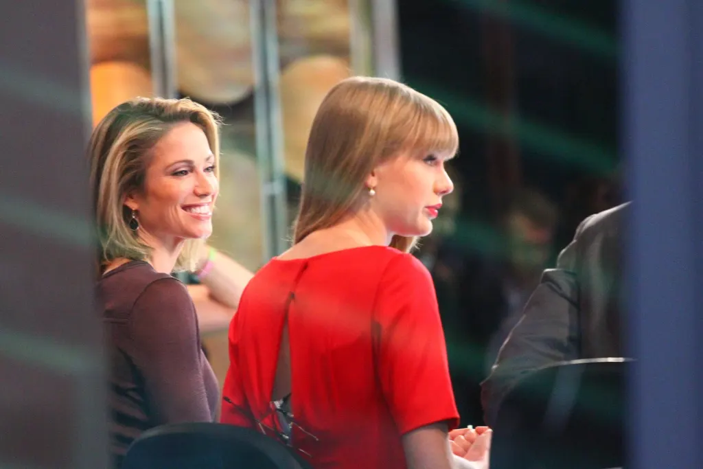 Taylor Swift in a red dress during a television appearance in New York in October 2012