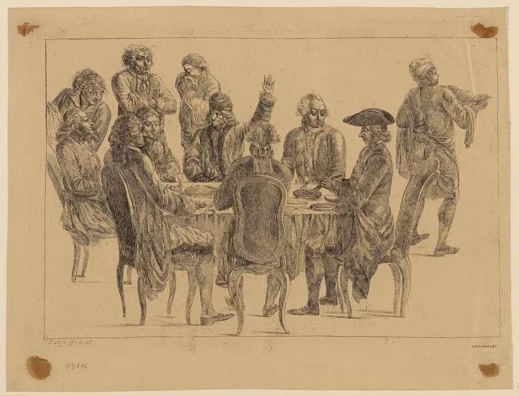 18th-century etching known as the philosophers' dinner: Voltaire and a group of men in wigs and coats gather around a dining table, one raising his hand, while a servant walks in from the right