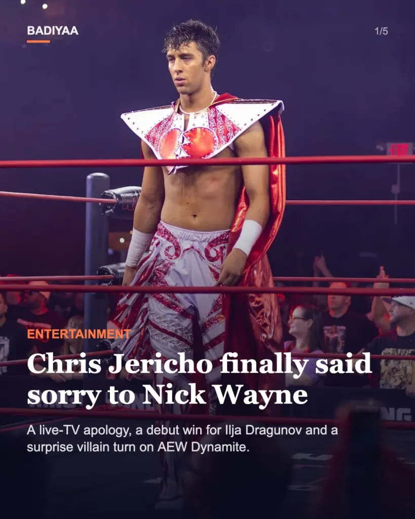 Slide 1 of 5: Chris Jericho apologizes to Nick Wayne on AEW Dynamite in Florida as Ilja Dragunov wins his debut
