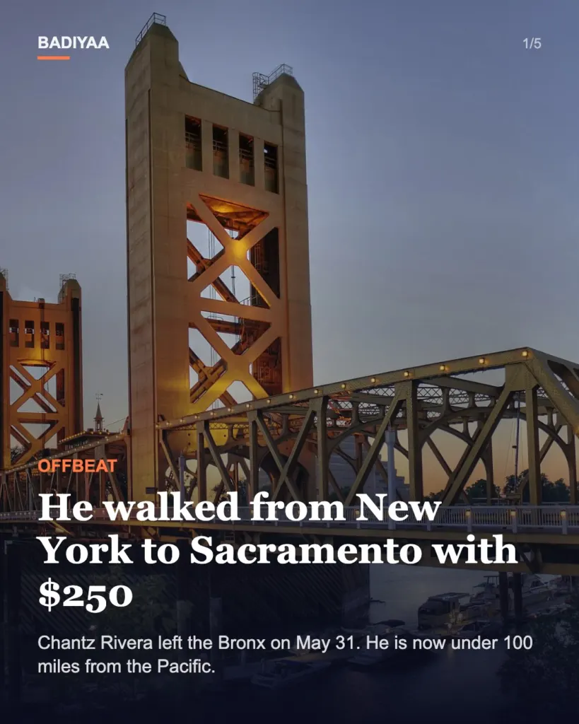 Slide 1 of 5: Bronx man Chantz Rivera reaches Sacramento after walking about 2,577 miles from New York since May