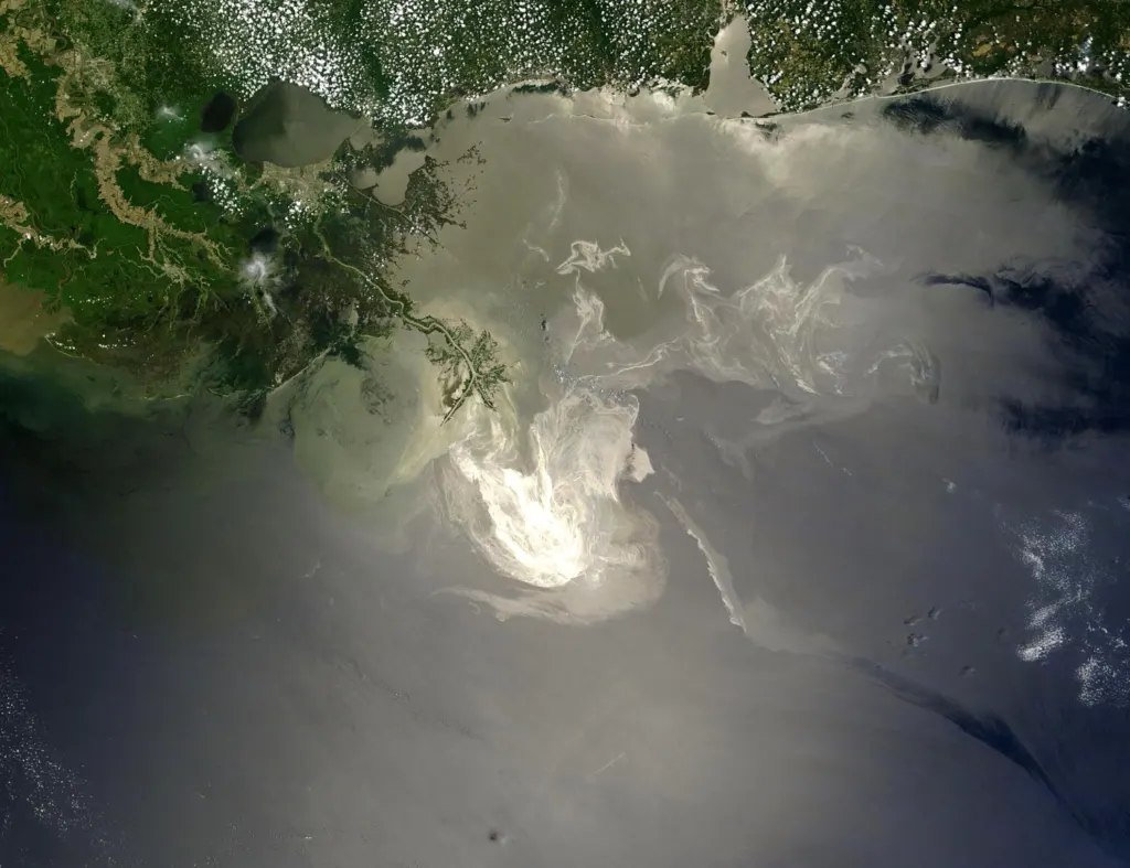 Satellite view of the Deepwater Horizon oil slick lit by sunlight off the Mississippi Delta on May 24, 2010