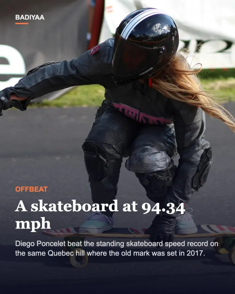Slide 1 of 5: Spanish skater hits 94.34 mph down a Quebec hill to set the standing skateboard speed record
