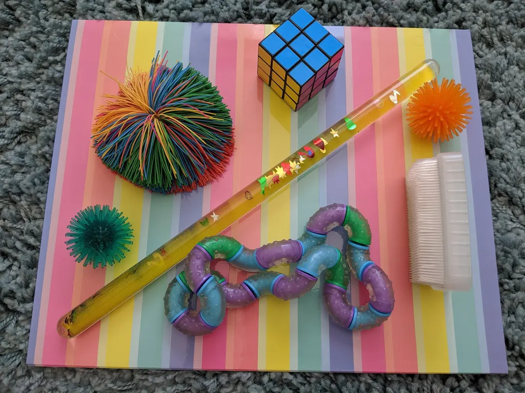 An assortment of colourful fidget toys