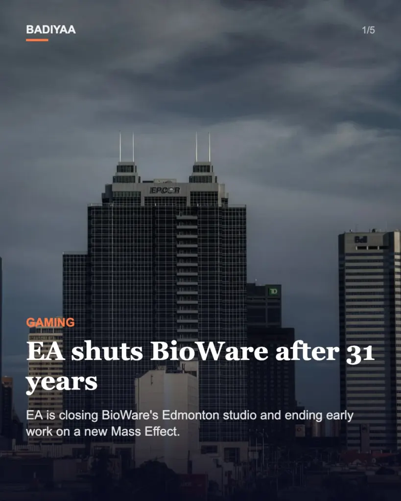 Slide 1 of 5: EA closes BioWare in Edmonton after 31 years and cancels the next Mass Effect game