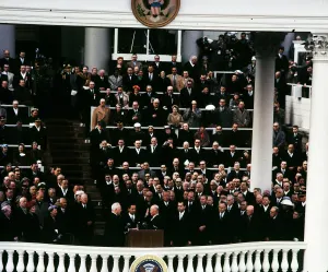 Chief Justice Earl Warren administering the oath of office to Dwight D. Eisenhower on the east portico of the U.S. Capitol