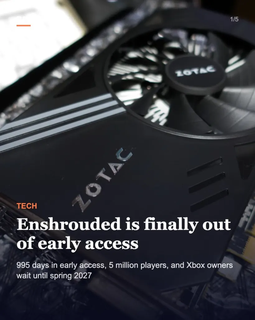 Slide 1 of 5: Enshrouded reaches 1.0 on PC and PS5 after 995 days in early access, but Xbox waits until 2027