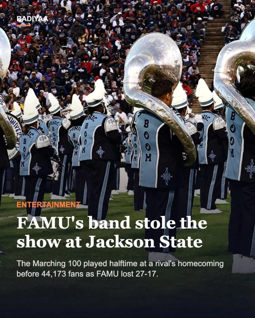 Slide 1 of 5: FAMU’s Marching 100 halftime at Jackson State homecoming trends after 27-17 loss in Mississippi