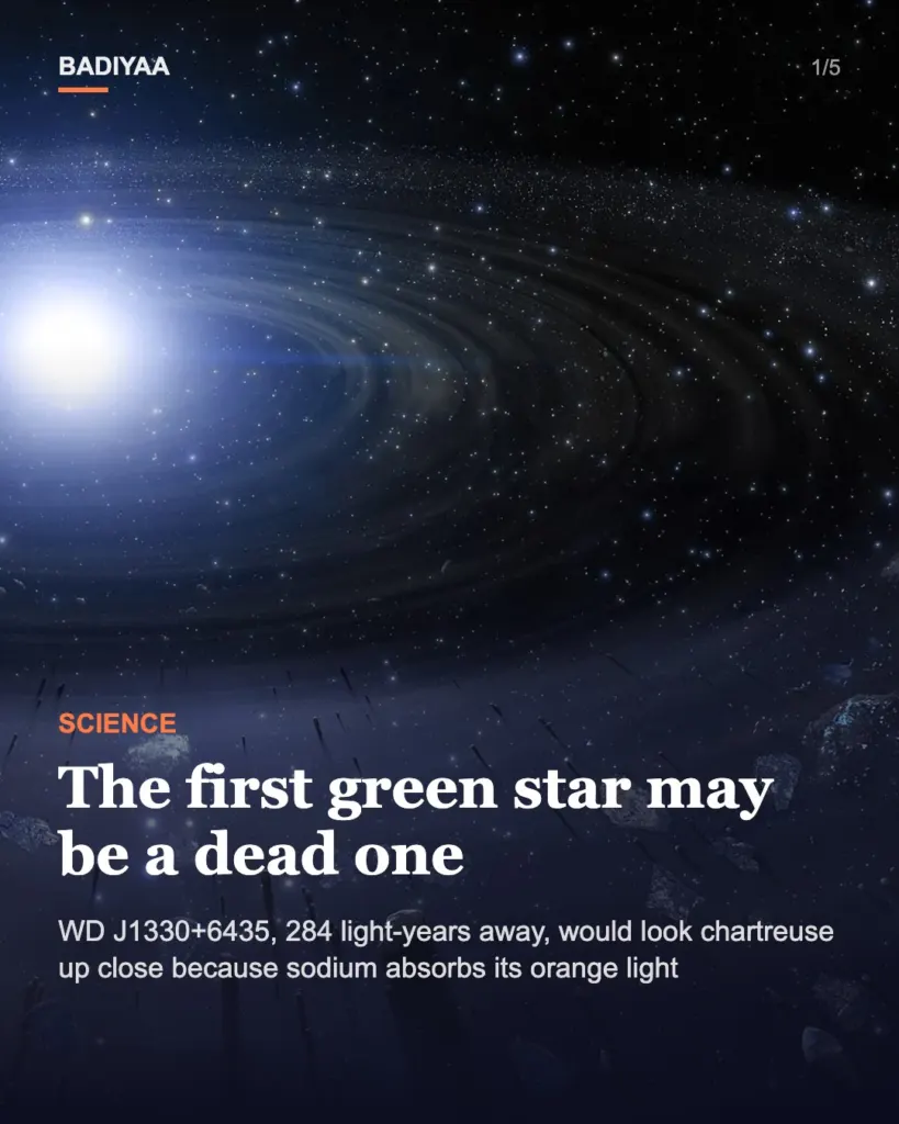 Slide 1 of 5: A white dwarf 284 light-years away may be the first green star; sodium soaks up its orange light