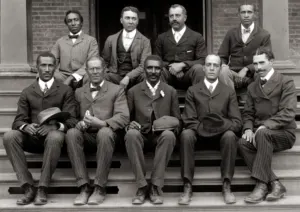 George Washington Carver seated in the front row center among fellow Tuskegee Institute staff members in a group photograph from about 1902