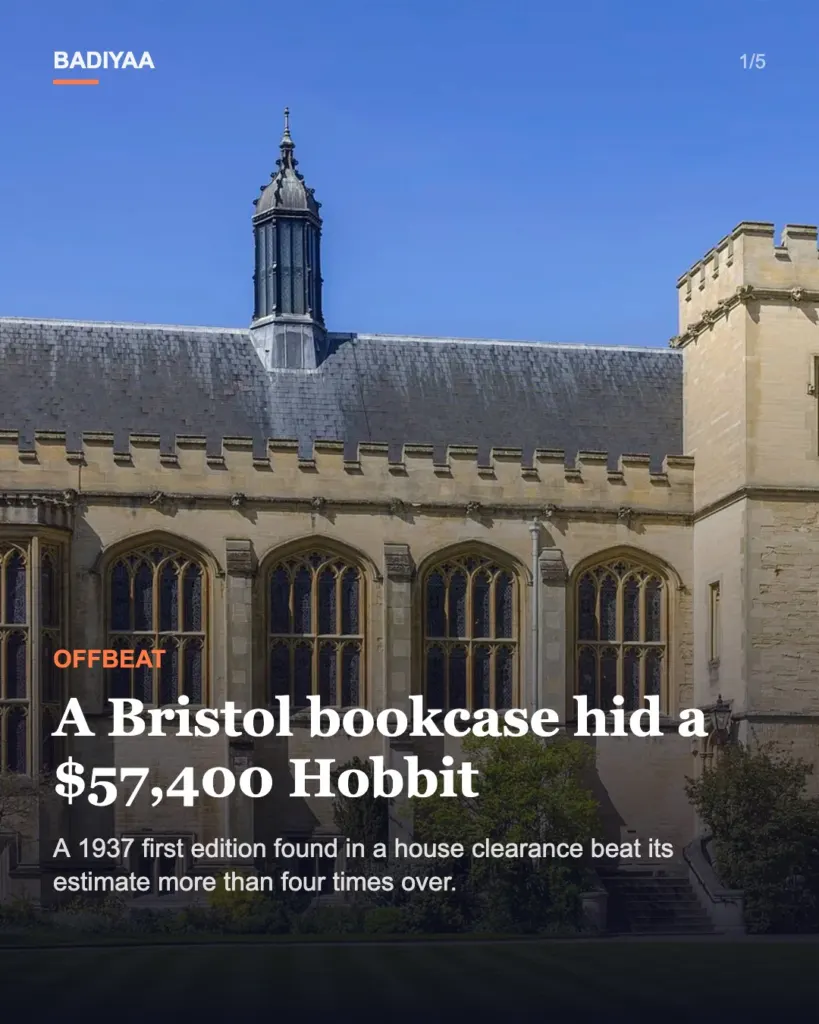 Slide 1 of 5: A 1937 Hobbit first edition from a Bristol house clearance sold for £43,000 in 2025, about $57,400