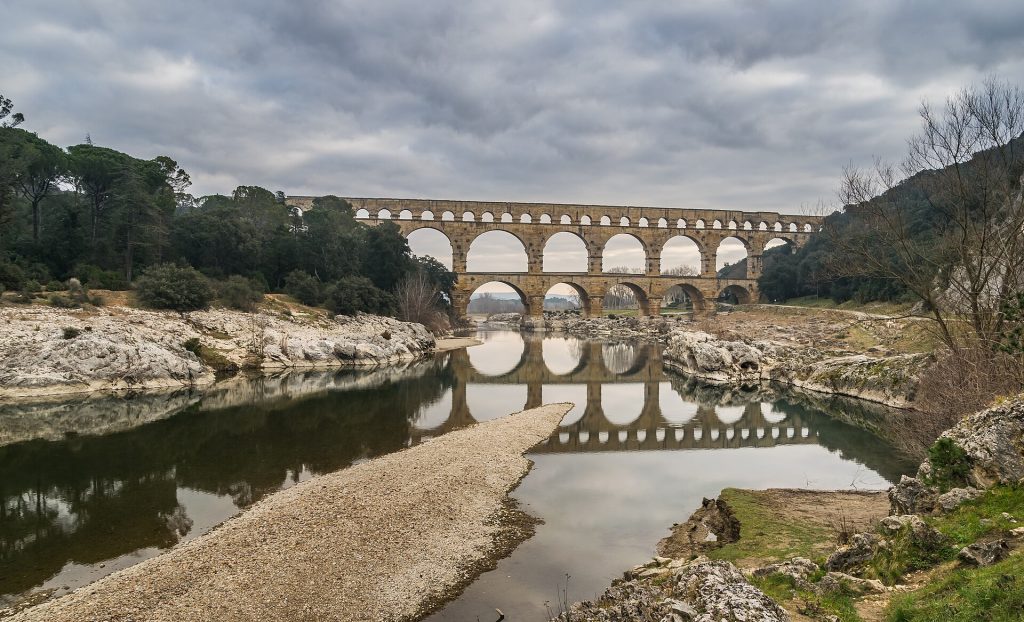 The Pont du Gard, a three-tiered Roman aqueduct bridge in southern France