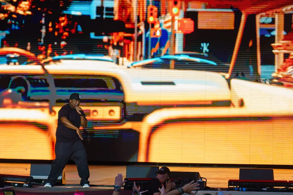 Ice Cube and WC performing on stage at Rock Fest in Cadott, Wisconsin, on July 13, 2023