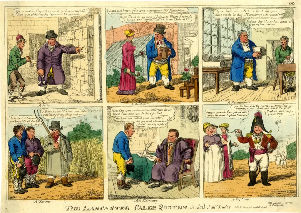 1812 satirical print in six panels titled The Lancaster Caleb Quotem, showing the same man, the governor of Lancaster jail, working at a different trade in each panel
