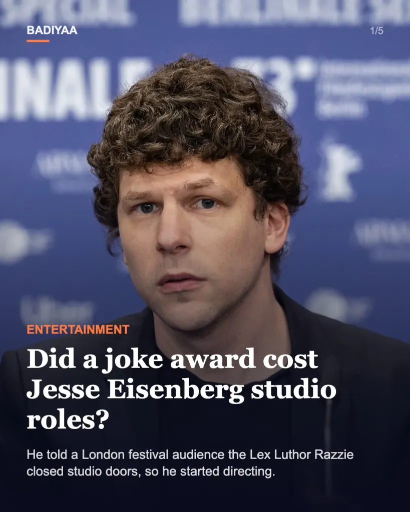Slide 1 of 5: Jesse Eisenberg says his Batman v Superman Razzie cost him studio roles and pushed him to direct