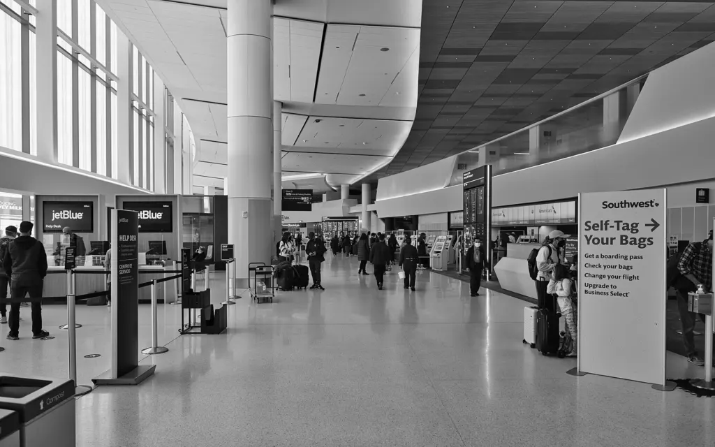The departures hall at San Francisco International Airport
