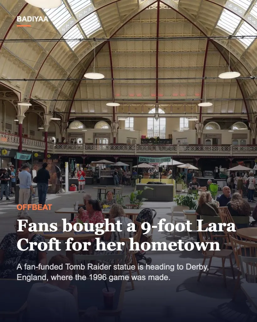 Slide 1 of 5: Nine-foot Lara Croft statue heads for Derby’s Market Hall, 30 years after Tomb Raider was made there