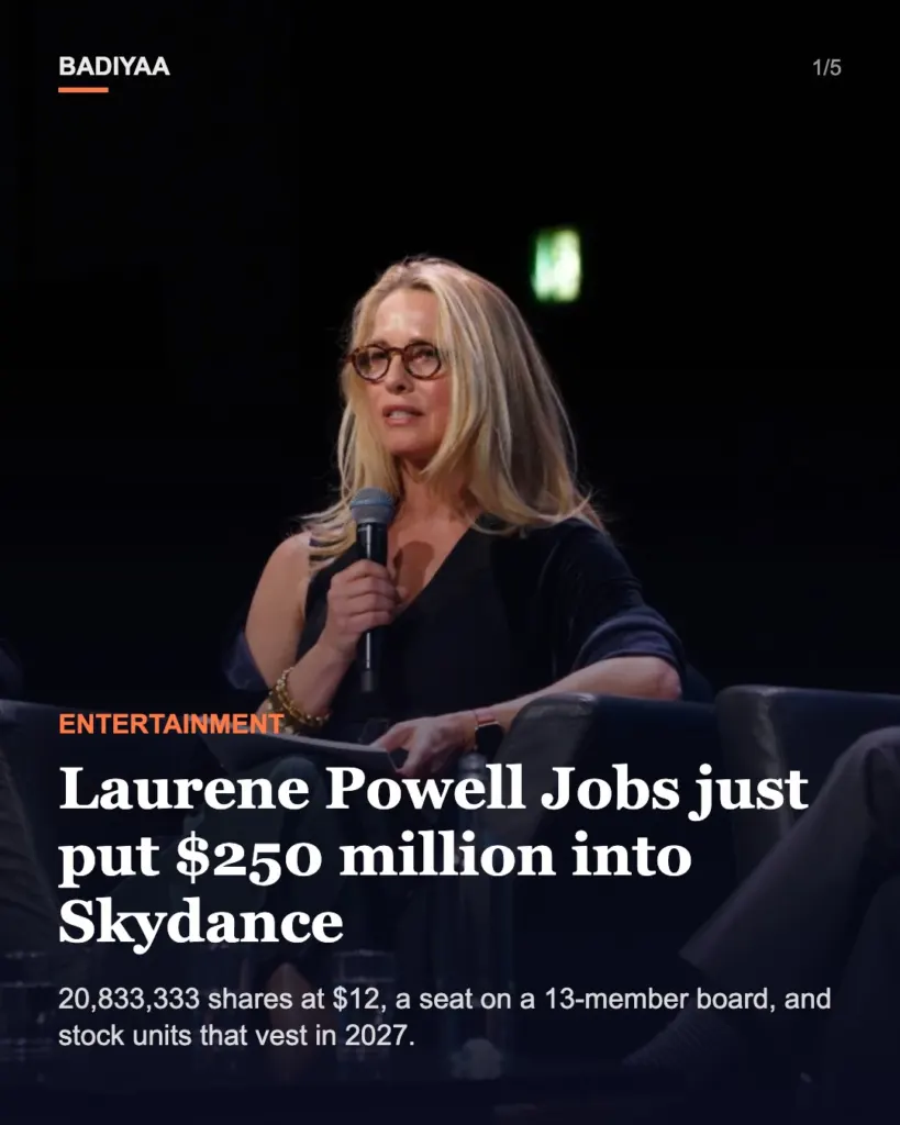 Slide 1 of 5: Laurene Powell Jobs puts $250 million into Skydance, the new owner of Paramount and Warner Bros.