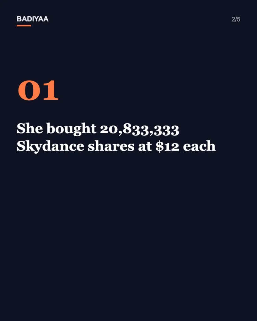 Slide 2 of 5: Laurene Powell Jobs puts $250 million into Skydance, the new owner of Paramount and Warner Bros.