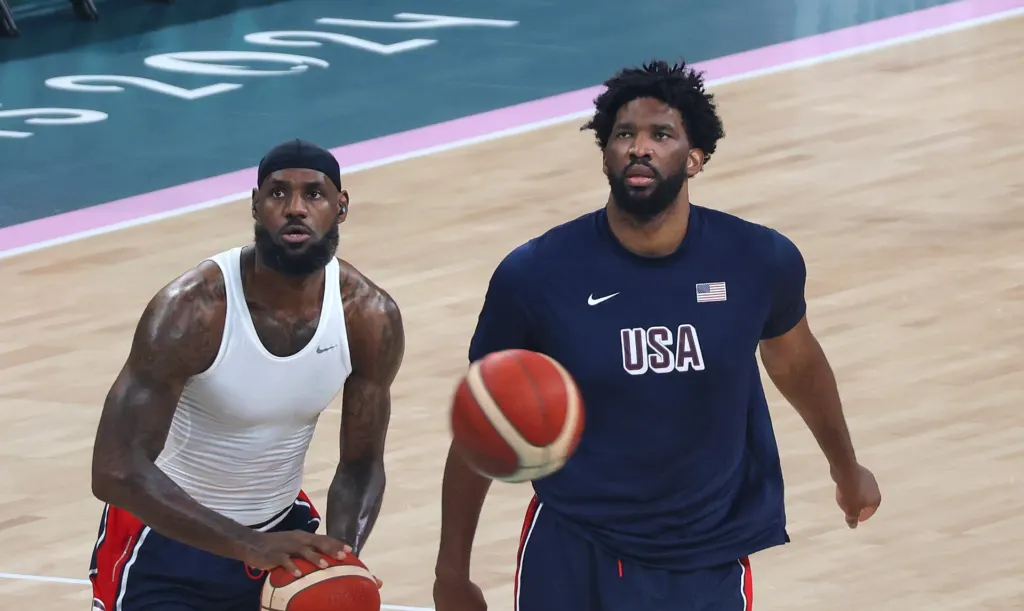 LeBron James and Joel Embiid, now 76ers teammates, together at the Paris 2024 Olympic Games