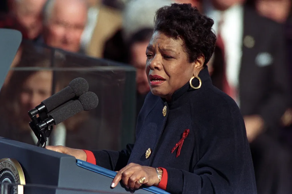 Maya Angelou at the podium on the inaugural stage in Washington, reciting her poem On the Pulse of Morning at Bill Clinton's first inauguration on January 20, 1993