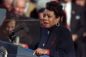 Maya Angelou at the podium on the inaugural stage in Washington, reciting her poem On the Pulse of Morning at Bill Clinton's first inauguration on January 20, 1993