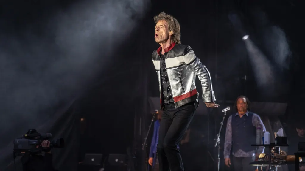 Mick Jagger dancing on stage during a Rolling Stones concert in London in May 2018
