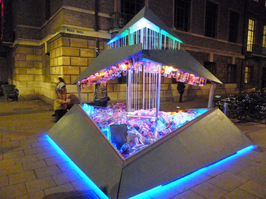 A Liter of Light bottle-lamp installation displayed in Cambridge