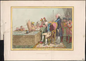 Gillray's 1804 etching The King of Brobdingnag and Gulliver (Plate 2): King George III and Queen Charlotte on chairs of state watch a tiny Napoleon sail a toy boat in a rectangular tank