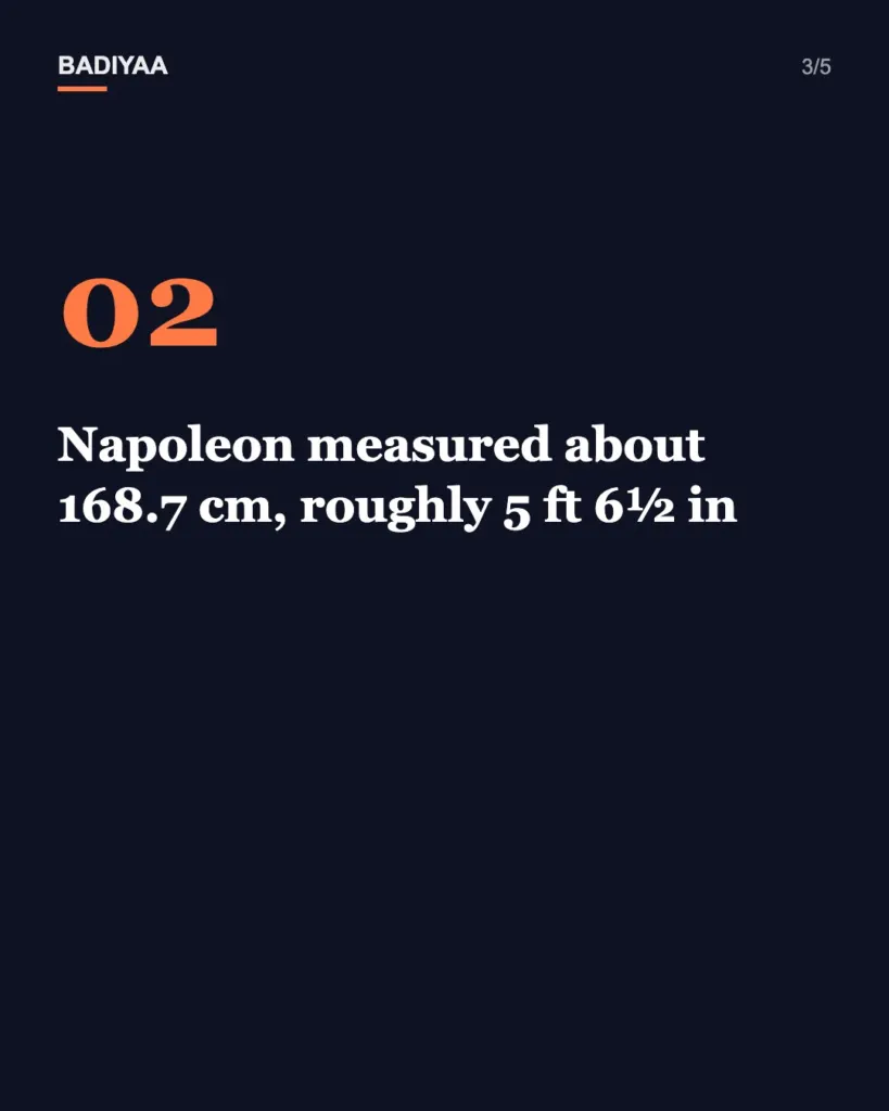 Slide 3 of 5: Napoleon was not short: his 1821 Saint Helena measurement was in French feet, about 5 ft 6½ in