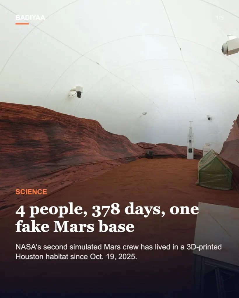 Slide 1 of 5: NASA’s second mock-Mars crew exits its Houston habitat Oct. 31; 4 volunteers, 378 days inside